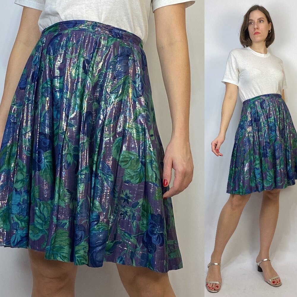 Vtg 90s METALLIC FLORAL Circle Skirt by April Cornell! Medium, 29 inch waist